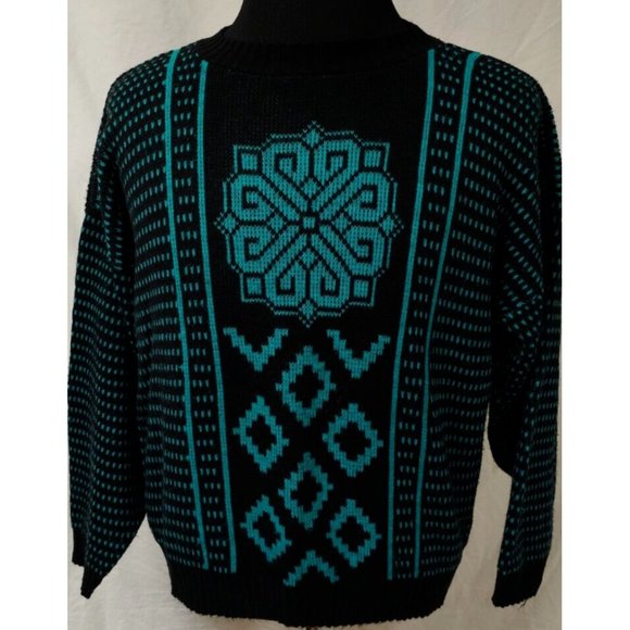 Vtg. G.F.C. Womens M/L Black Aqua Geometric Long Sleeve Made in NY USA Sweater - Picture 1 of 12